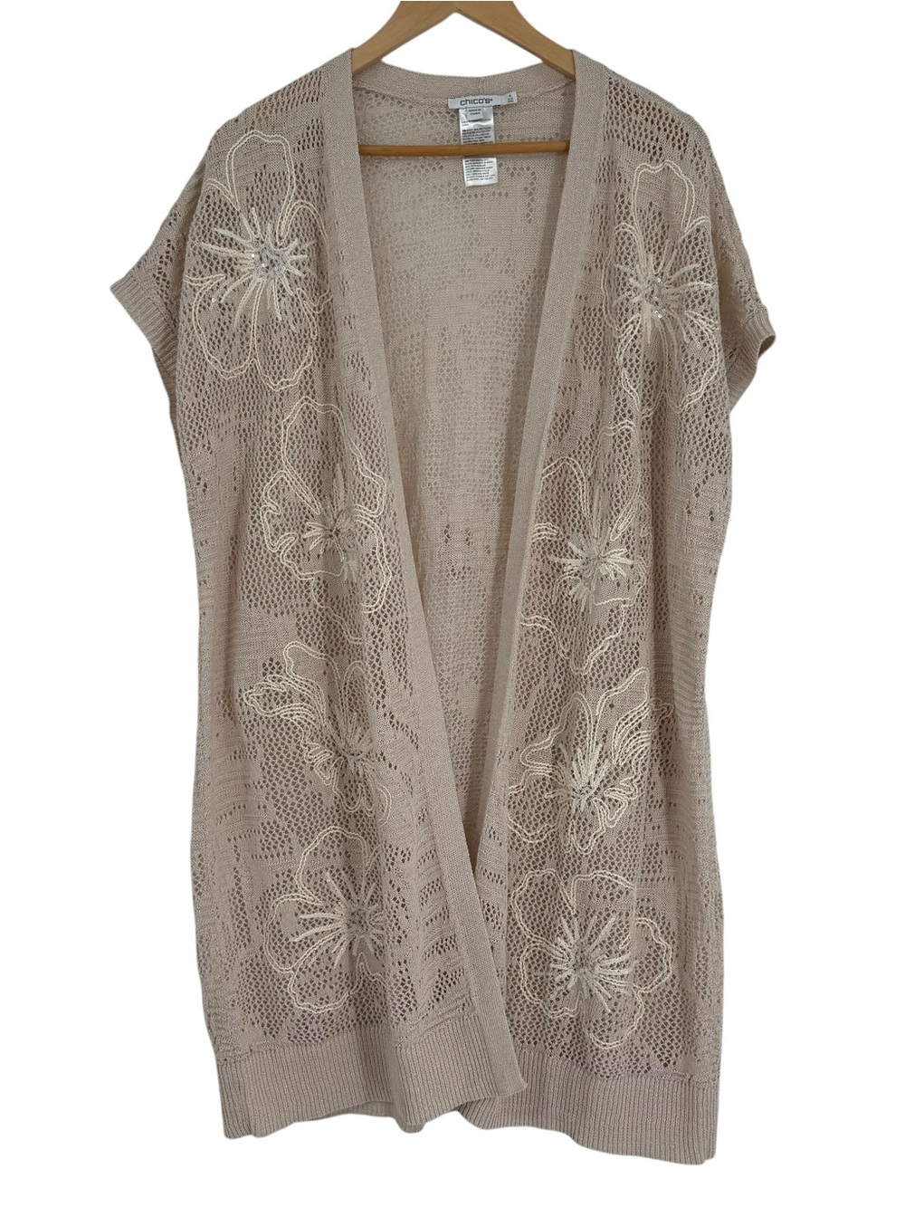 Chico's Women's Long Maxi Cardigan Sweater Size 4 (XXL) Beaded Beige Pointelle